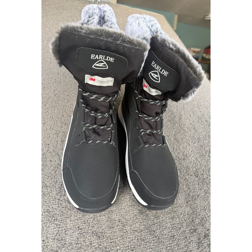 EARLDE Mens Black Snow Boots 3M Thinsulate Faux Fur Lined Winter Shoes Size 10.5